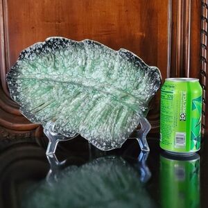 10 1/2" x 6 3/4" Green Speckled Ceramic Glazed Leaf Dish